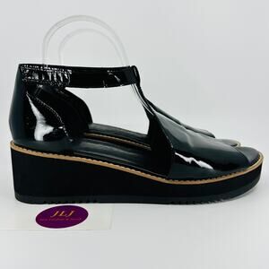 Eileen Fisher Women's Data Black Patent Ankle Strap Wedge Sandals Size 9.5